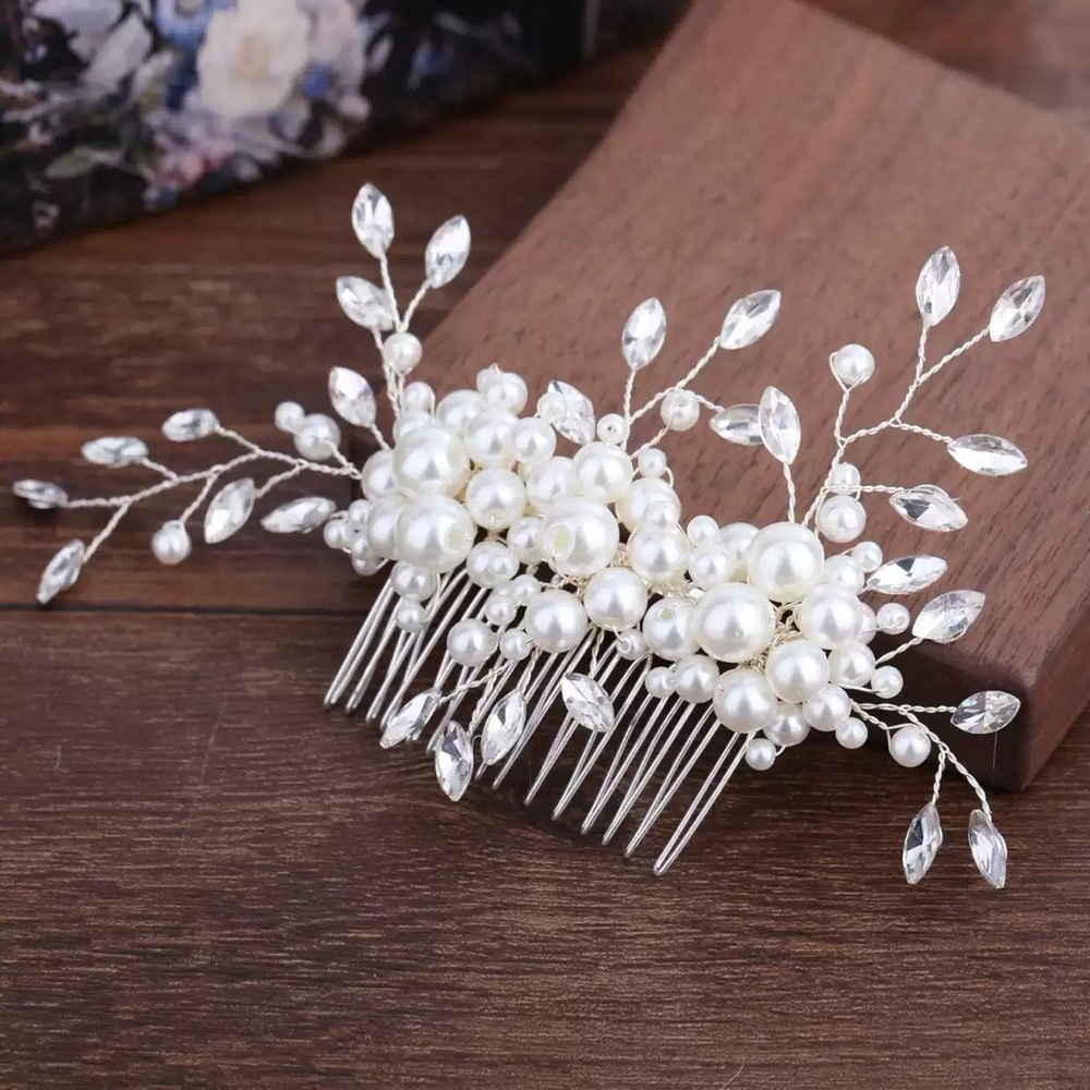 White Pearl & Crystal Bridal Hair Comb